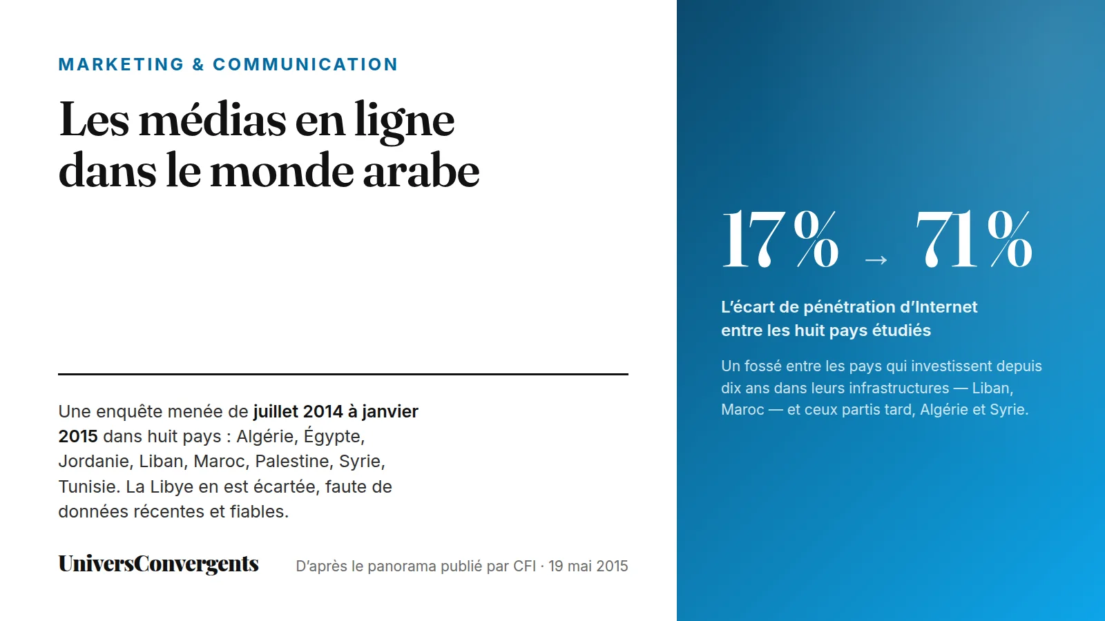 Carte de synthèse : les médias en ligne dans le monde arabe, avec un taux de pénétration d'Internet allant de 17 % à 71 % selon les huit pays étudiés