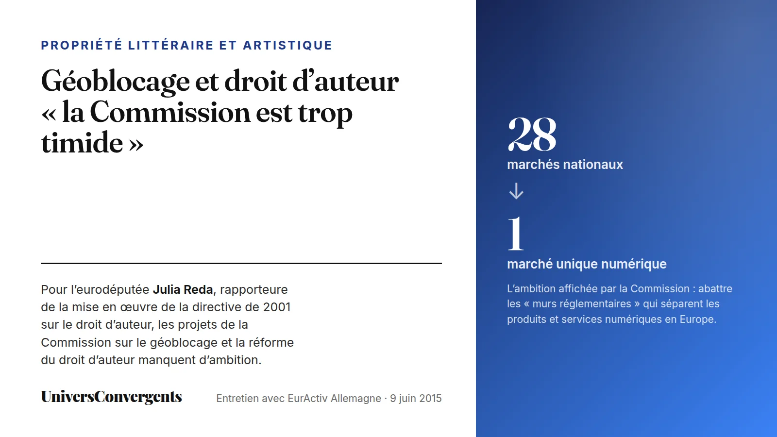 Carte de synthèse : le passage de 28 marchés nationaux à un marché unique numérique, ambition de la Commission européenne jugée trop timide par Julia Reda