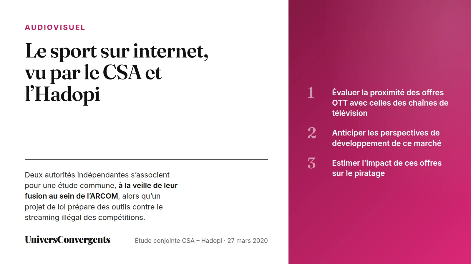 Carte de synthèse : les trois objectifs de l'étude CSA-Hadopi sur le sport sur internet — proximité des offres OTT avec la télévision, développement du marché, impact sur le piratage